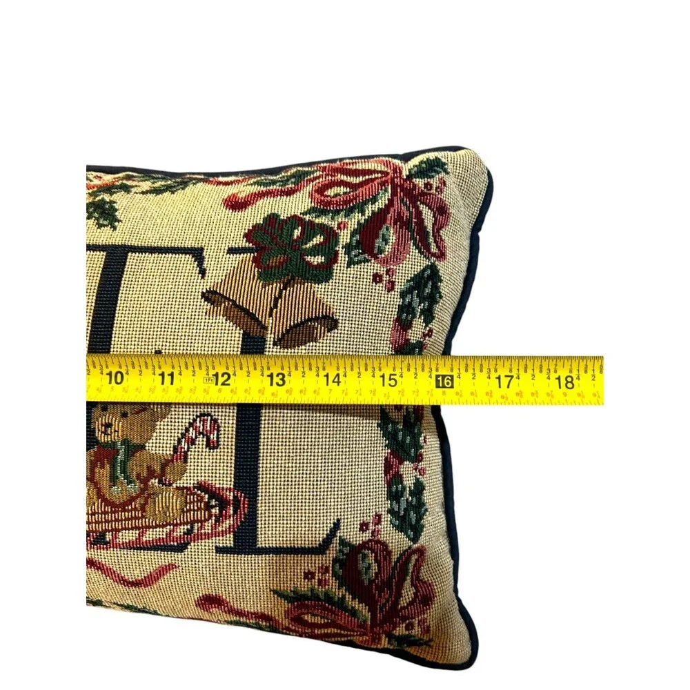 Vtg Christmas Noel Tapestry Throw Pillow Holiday Cat Stocking Bear Sled Angel